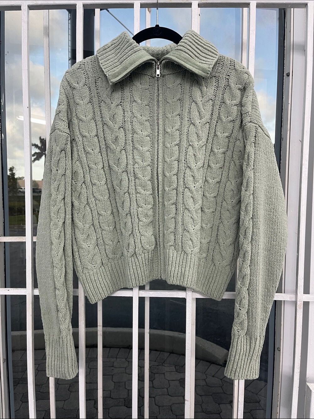Hippie Rose Sage Green Cable-Knit Zip Cardigan